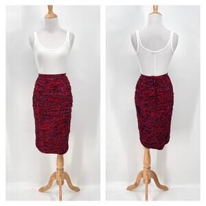 RAUL BLANCO Vintage 80s Silk Pencil Skirt 12 Red Multi Scrunch Ruched Printed
